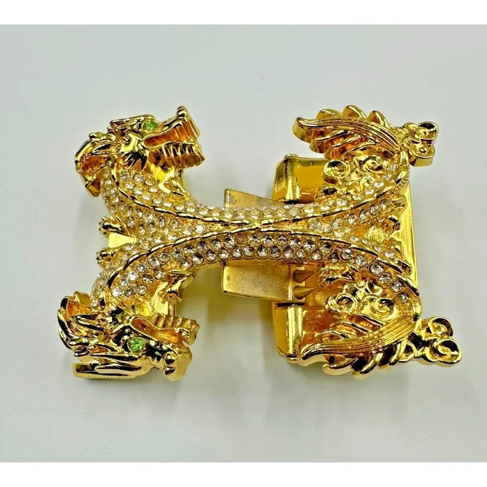Double Dragon Rhinestone Ratchet Belt Buckle Gold Tone Automatic Slide